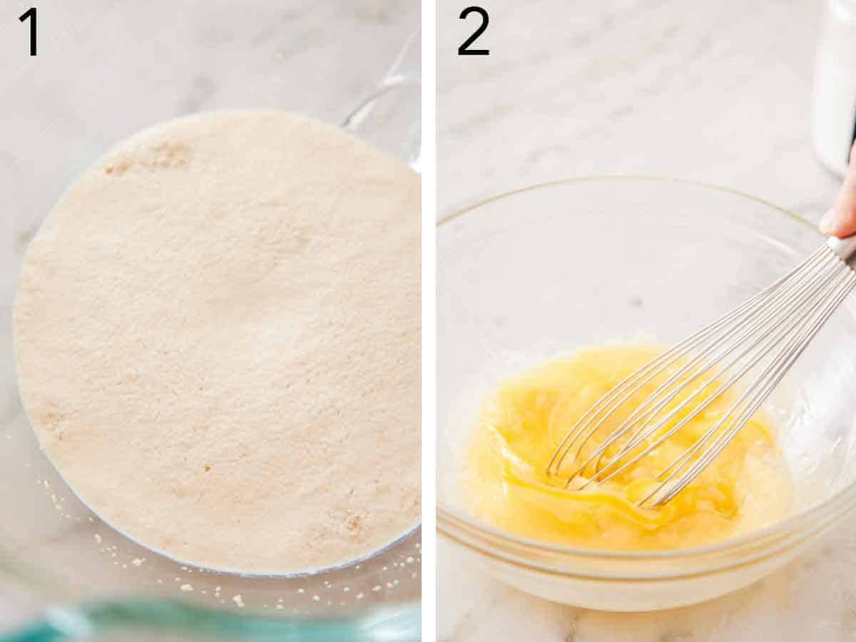 Set of two photos showing yeast bloomed and egg whisked.