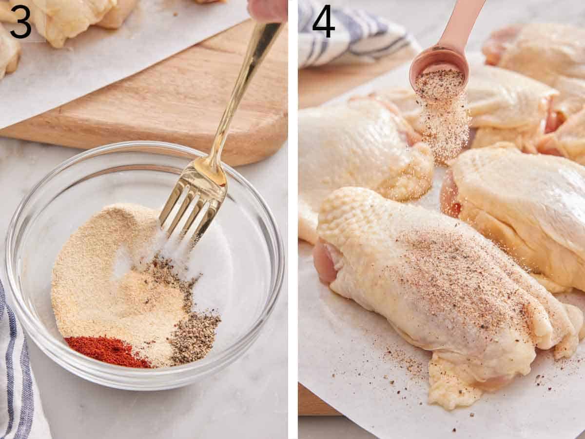 Set of two photos showing seasoning mixed in a bowl and sprinkled over.