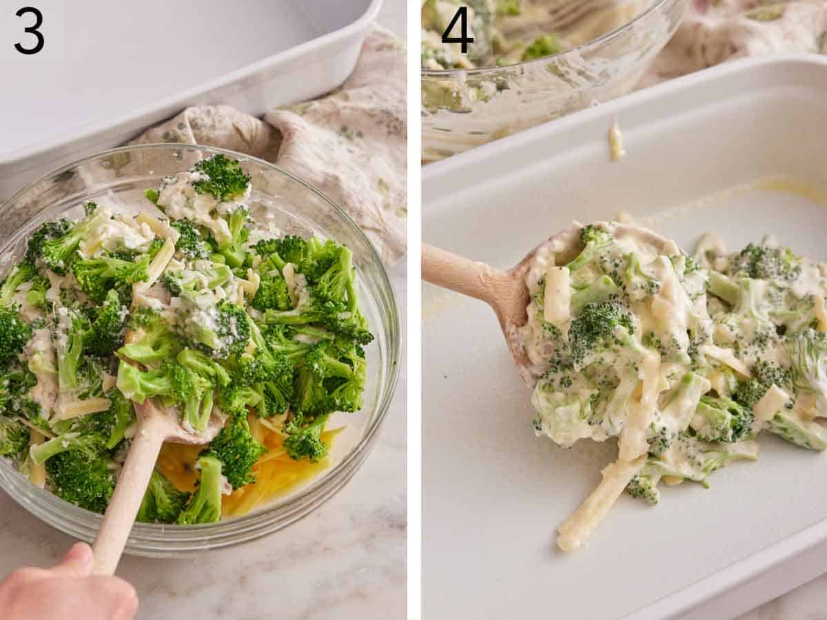 Set of two photos showing ingredients all mixed in a bowl and transferred to a greased baking dish.