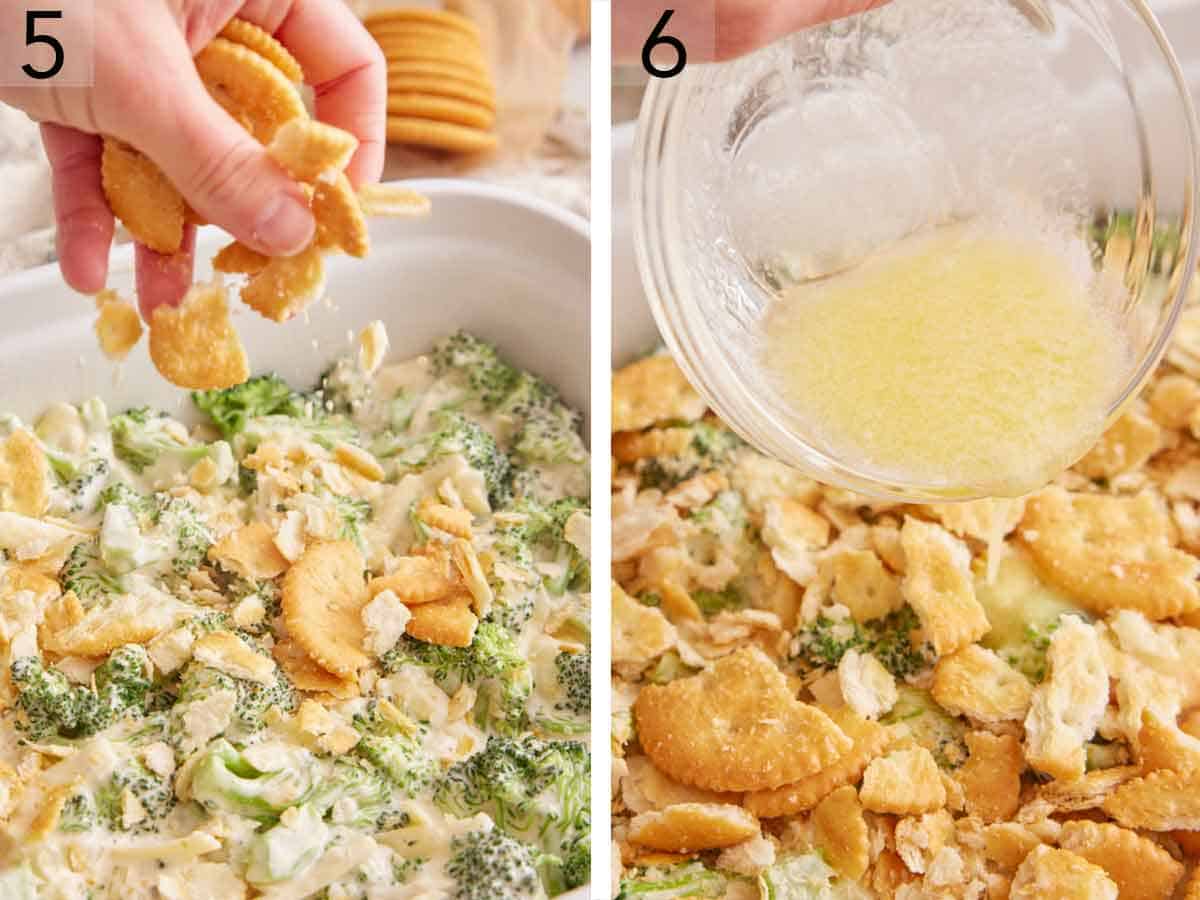 Set of two photos showing crackers added to the top of the baking dish and melted butter poured over.