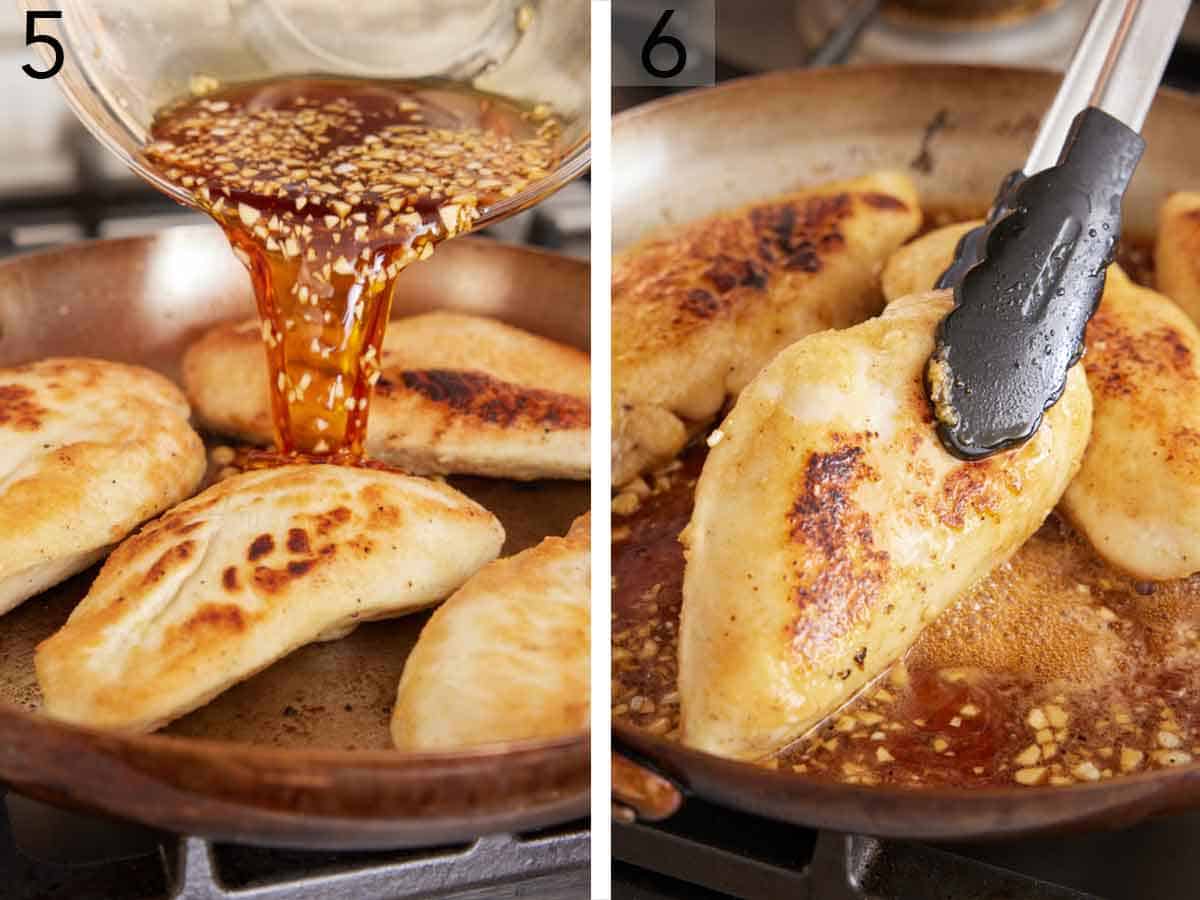 Set of two photos showing sauce poured into the skillet and the chicken turned in the skillet.