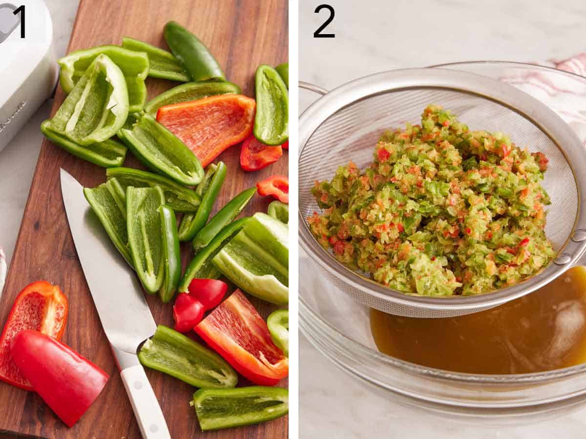 Set of two photos showing bell peppers cut and liquid drained.