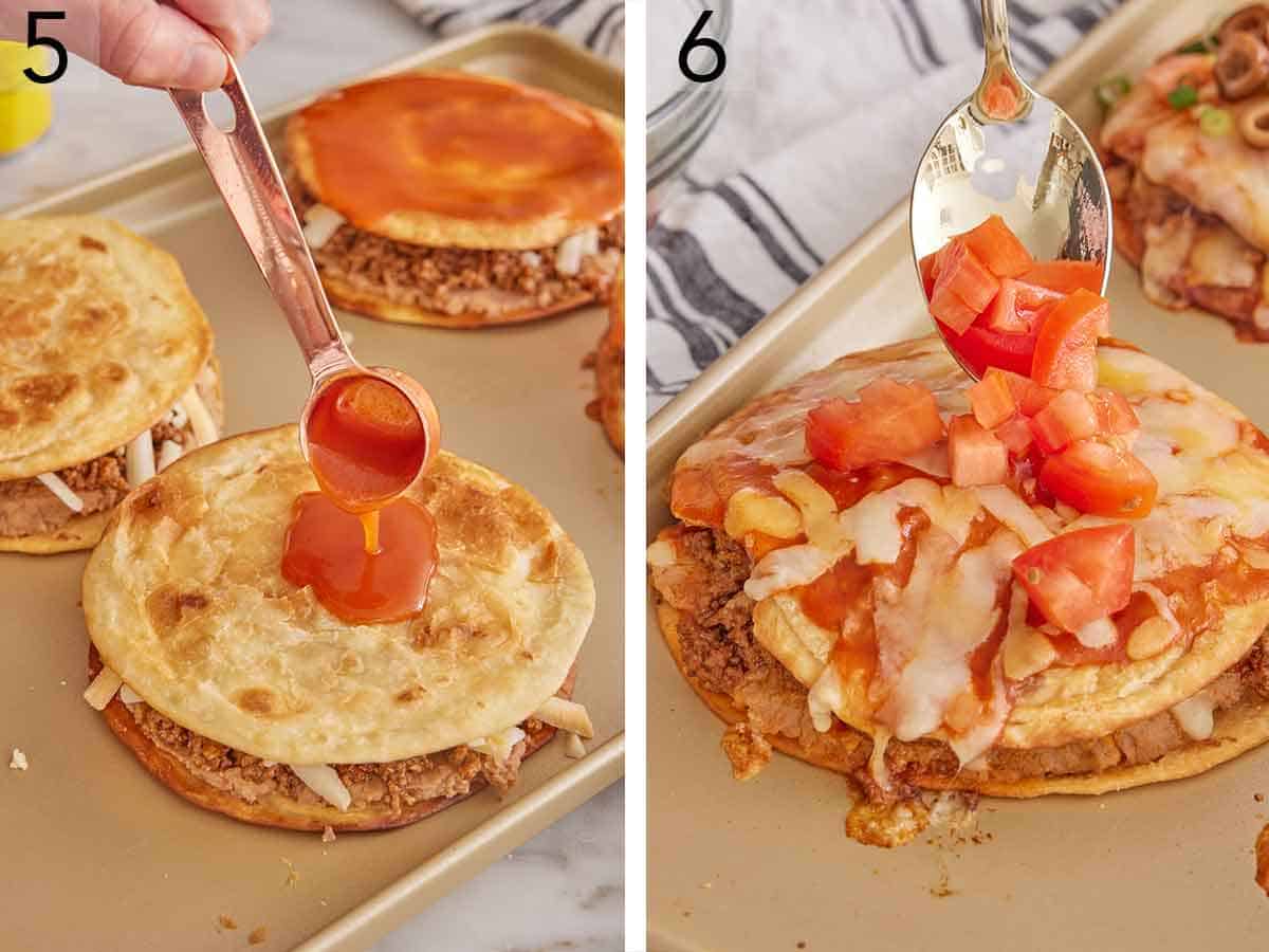 Set of two photos showing enchilada sauce spooned over the Mexican pizza and topped with diced tomaotes.