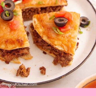 Pinterest graphic of a plate with a piece of Mexican pizza cut out and pulled forward.