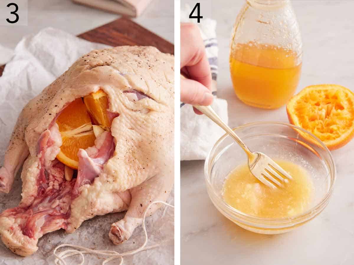 Set of two photos showing cut oranges stuffed into a cavity and honey mixed with orange juice and butter.