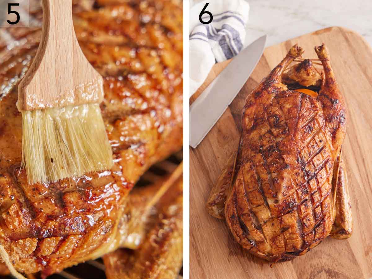Set of two photos showing honey mixture brushed onto roasted duck skin and resting on a cutting board.