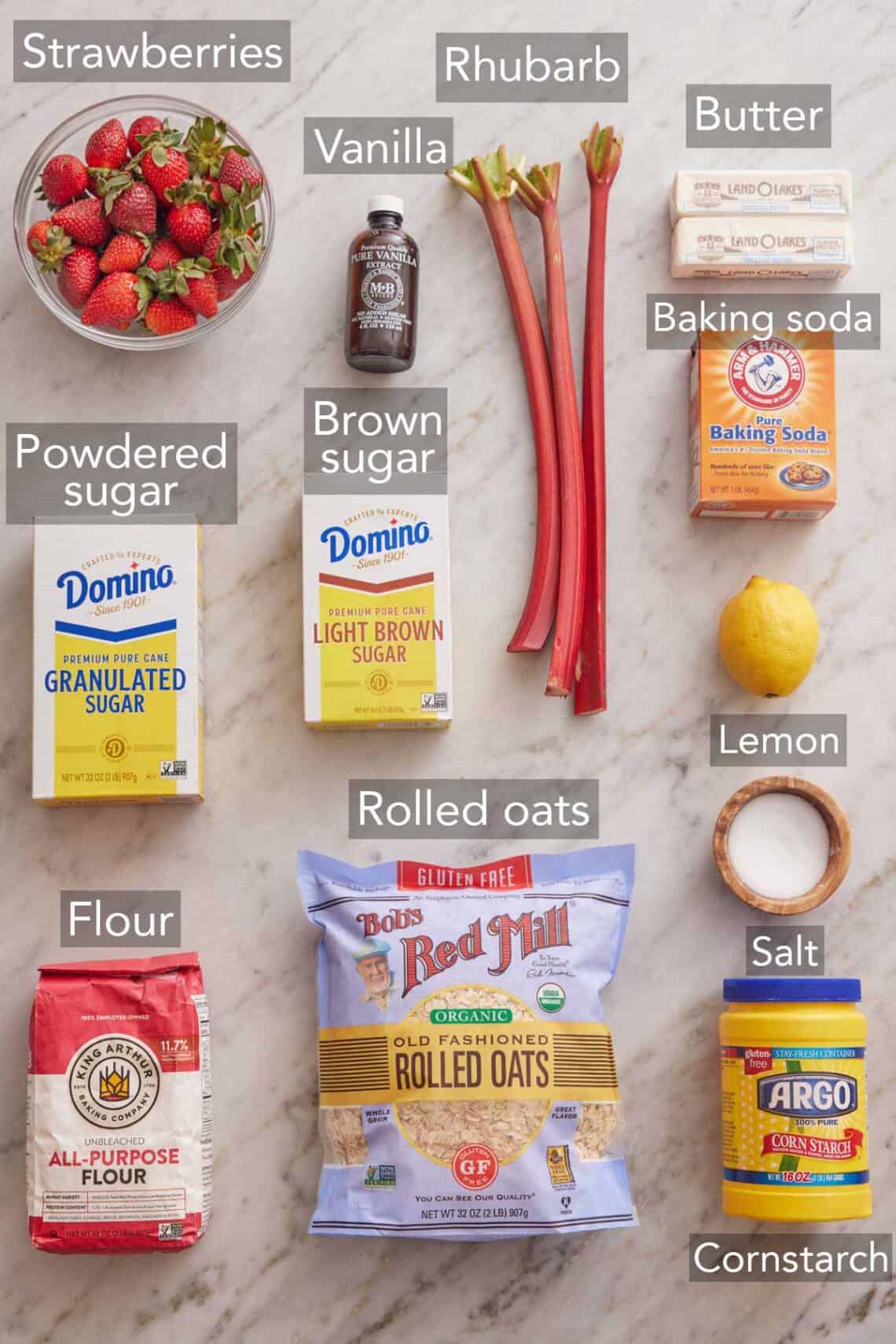 Ingredients needed to make strawberry rhubarb bars.