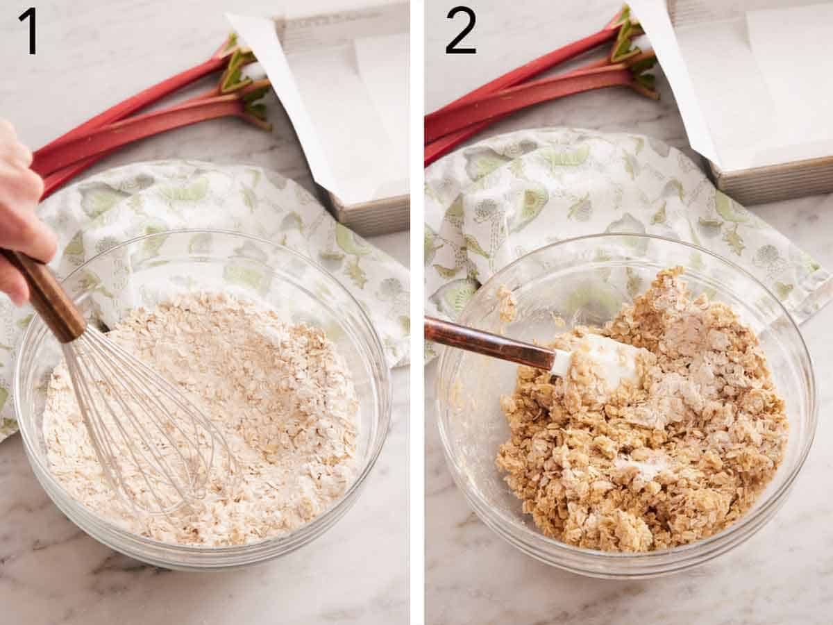 A bowl of dry ingredients whisked together then butter mixed in.