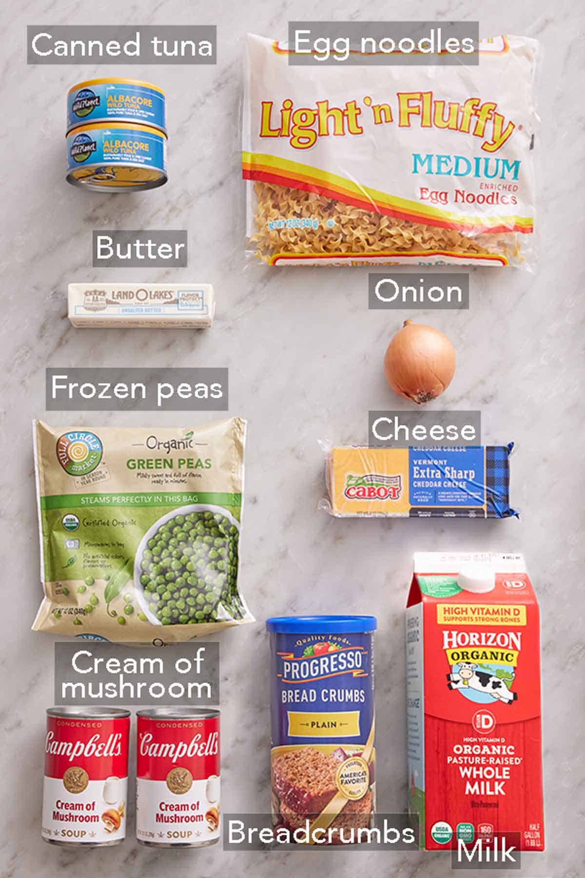 Ingredients needed to make tuna casserole.