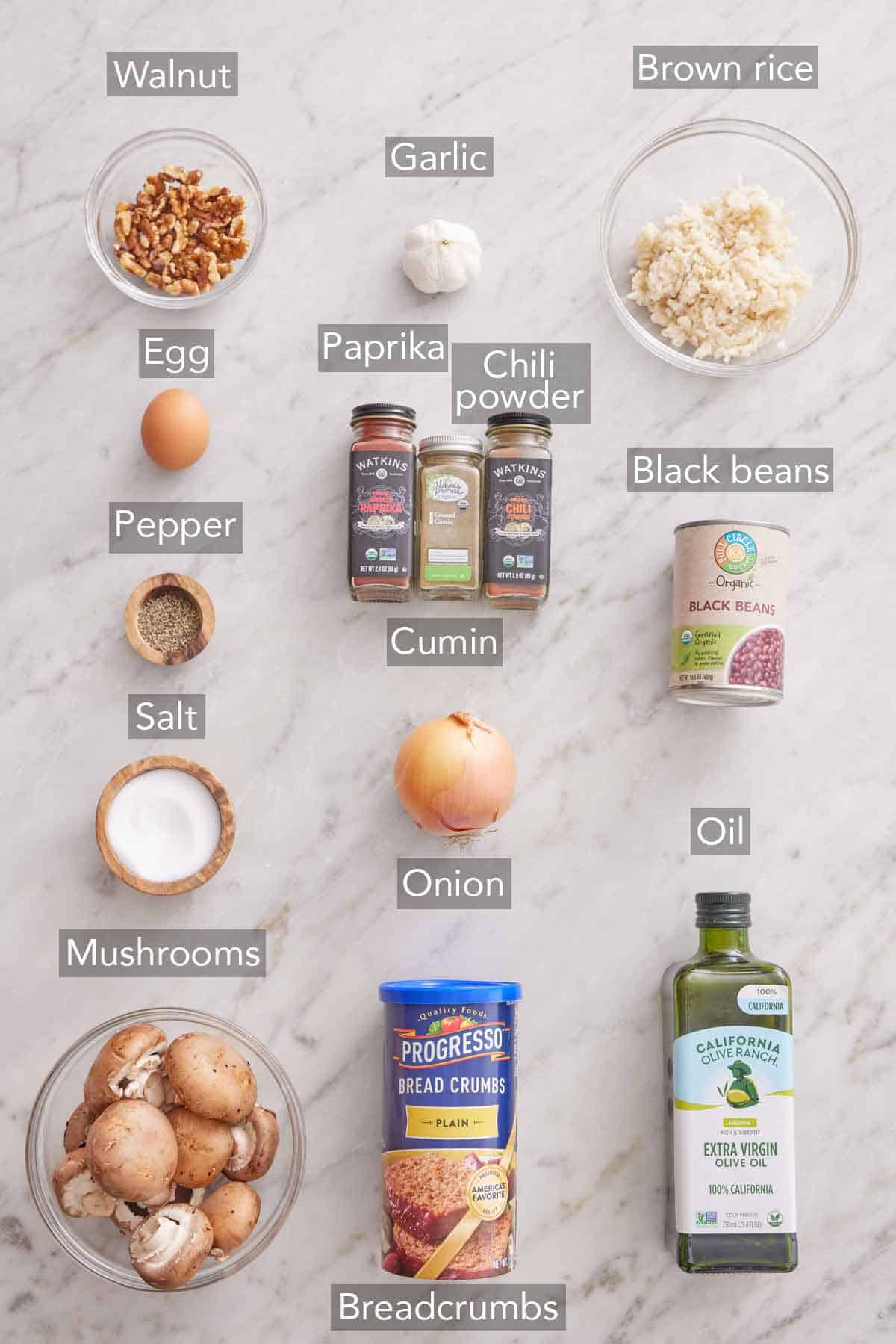 Ingredients needed to make a veggie burger.