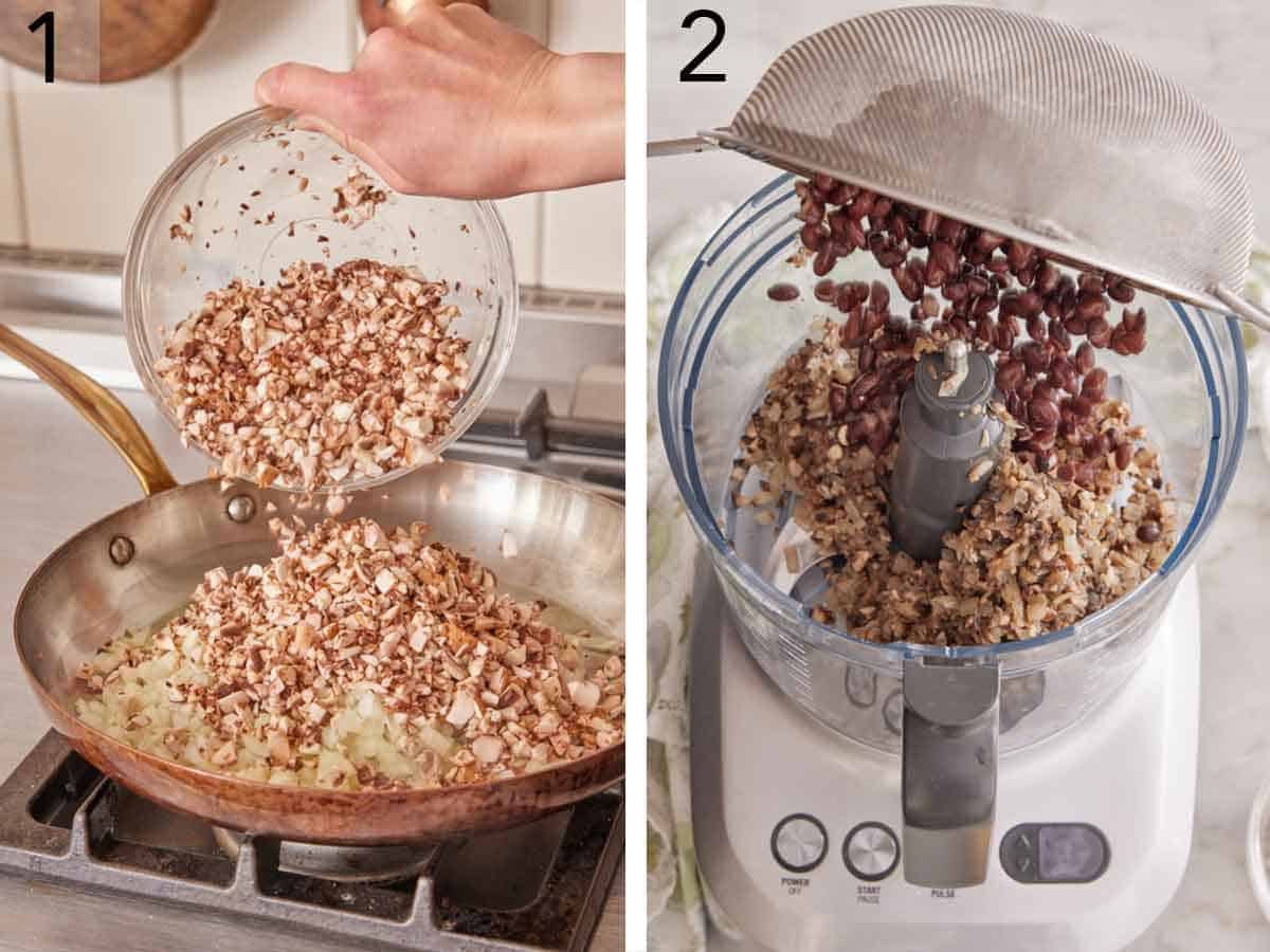 Set of two photos showing diced mushrooms added to a skillet and then added to a food processor with black beans.