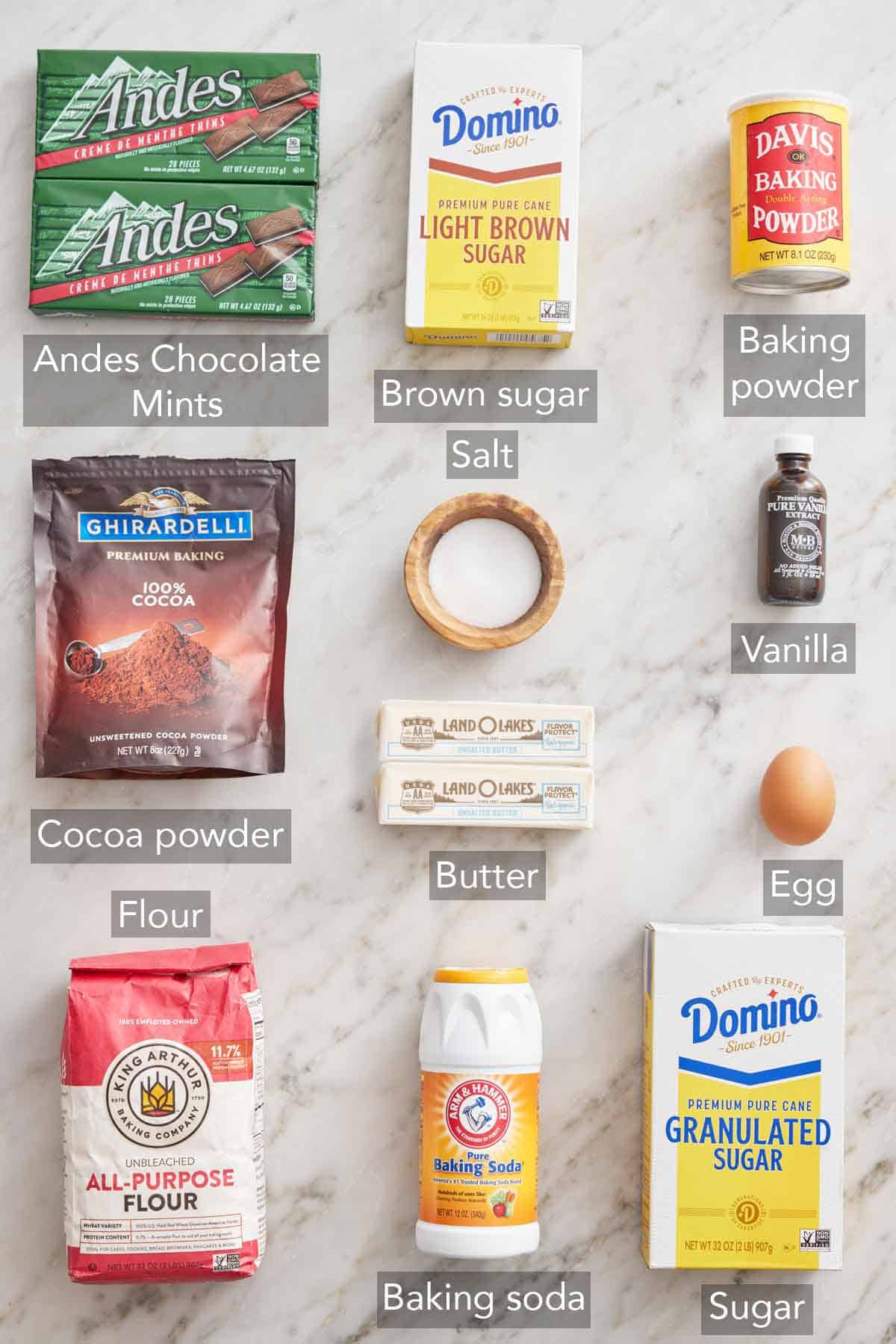 Ingredients needed to make Andes Mint Cookies.