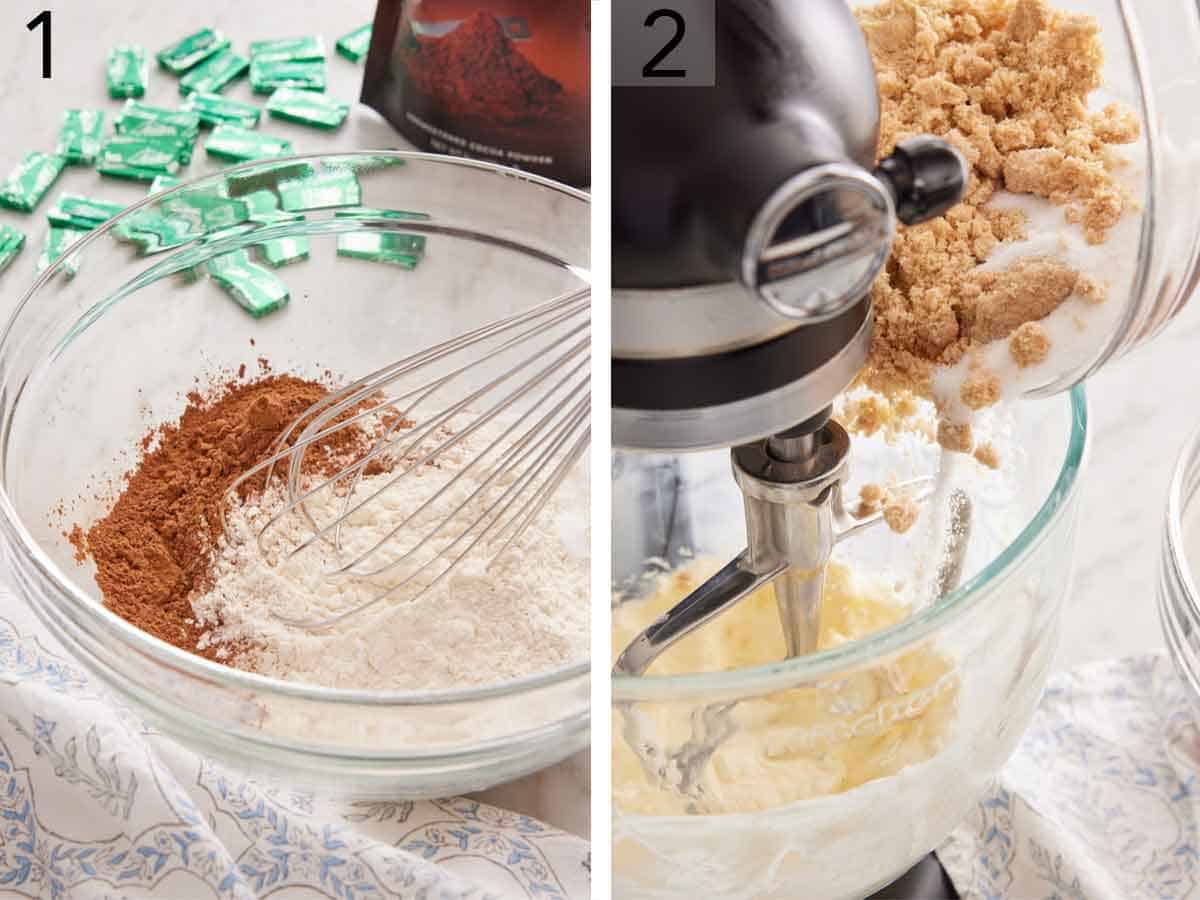 Set of two photos showing dry ingredients whisked together and sugars added to butter creamed in a mixer.