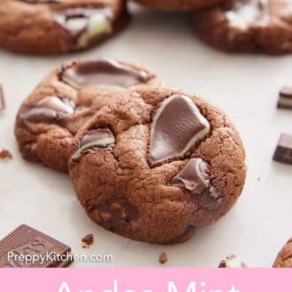 Pinterest graphic of two Andes Mint Cookies overlapping each other with more cookies in the background.
