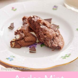 Pinterest graphic of a plate with an Andes Mint Cookie torn in half.