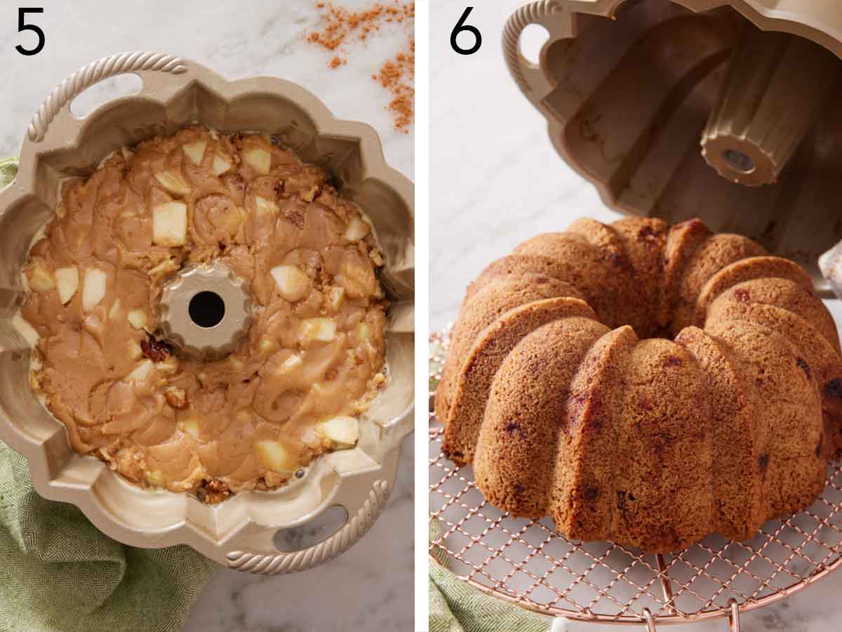 Set of two photos showing batter added to a pan and then the baked results flipped onto a cooling rack.
