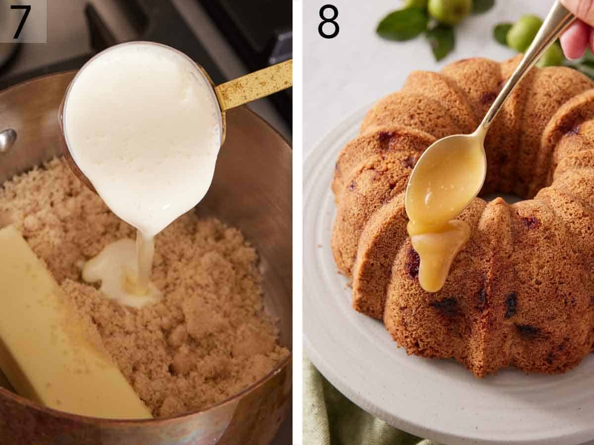 Set of two photos showing cream added to brown sugar and butter to create a glaze then spooned over the cake.