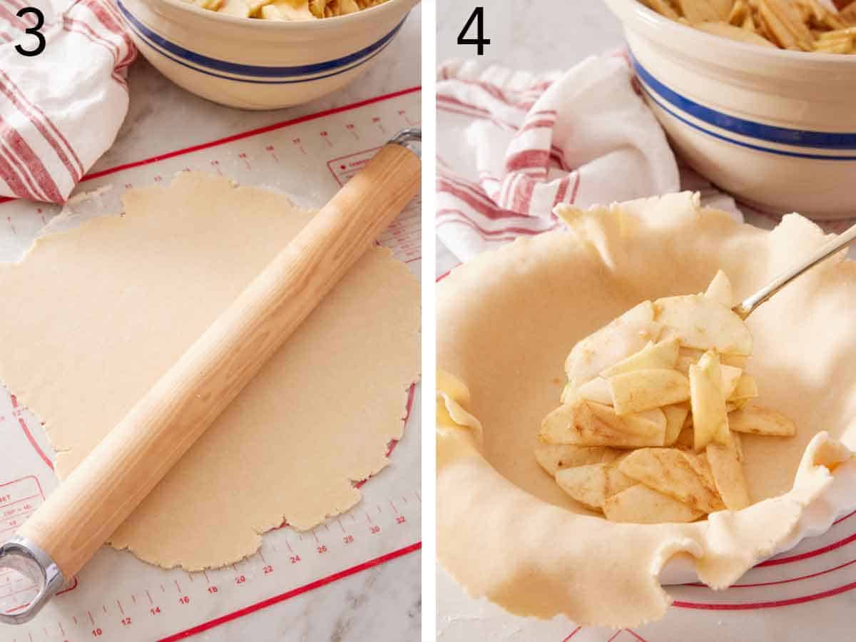 Set of two photos showing pie crust rolled and added to a pie dish and apples added inside.
