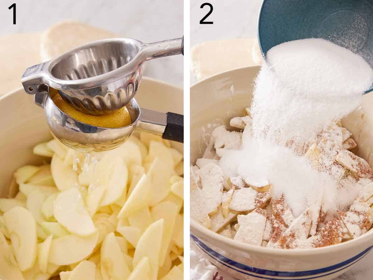 Set of two photos showing a lemon squeezed over sliced apples and then sugar added.