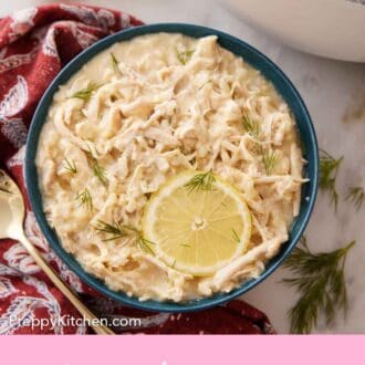 Pinterest graphic of a bowl of avgolemono with a lemon slice and fresh dill garnish.