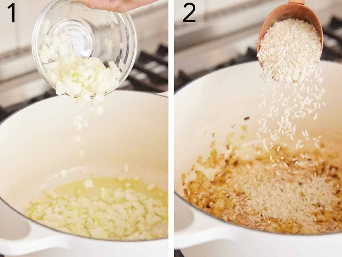 Set of two photos showing onion and rice added to the pot.