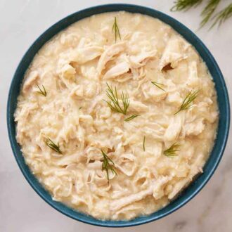 Overhead view of a bowl of avgolemono with dill on top.
