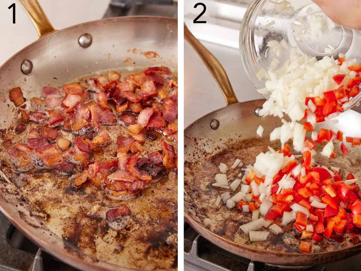 Set of two photos showing bacon cooked in a skillet then bell peppers and onions added to the used pan.