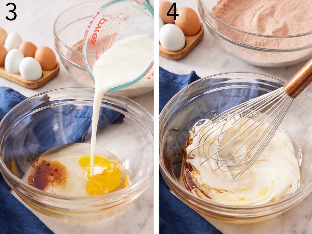 Set of two photos showing wet ingredients added to a bowl and whisked together.