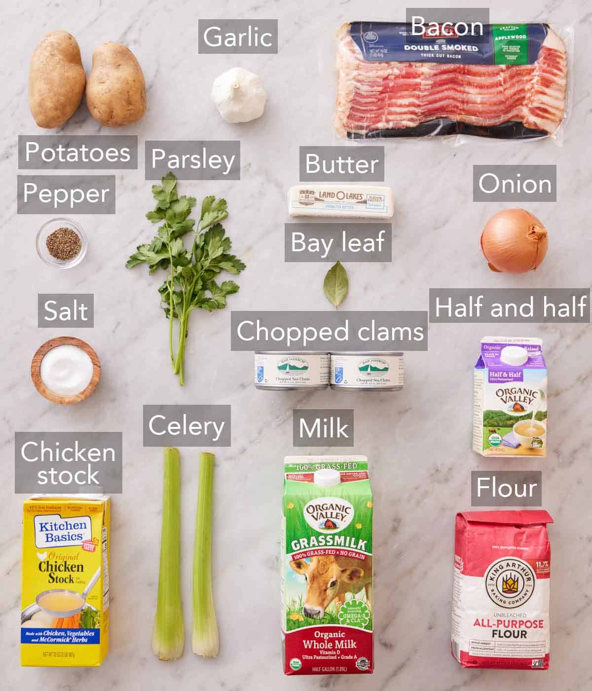 Ingredients needed to make clam chowder.