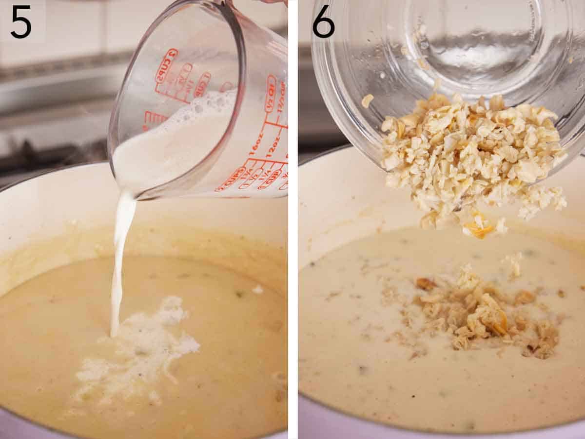 Set of two photos showing half and half and chopped clams added to the soup.