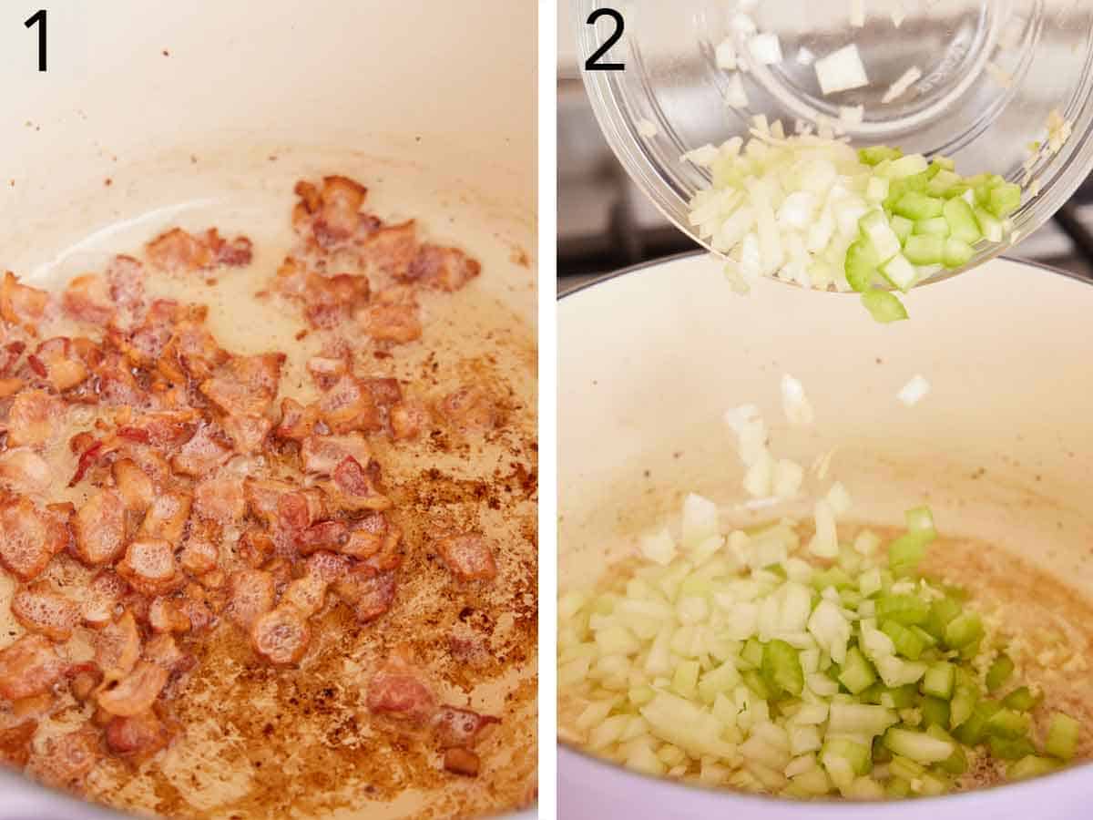 Set of two photos showing bacon cooked in a pot and onion and celery added to the same pot.