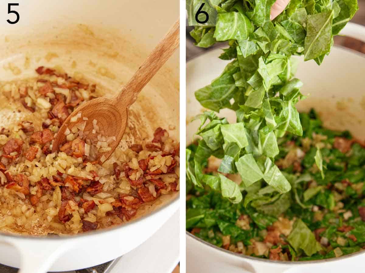 Set of two photos showing bacon and onions cooked the greens added.