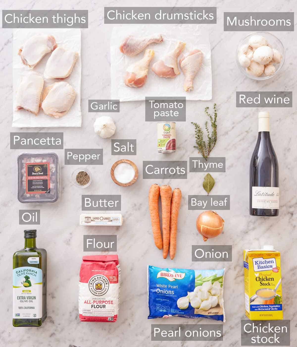Ingredients needed to make coq au vin.