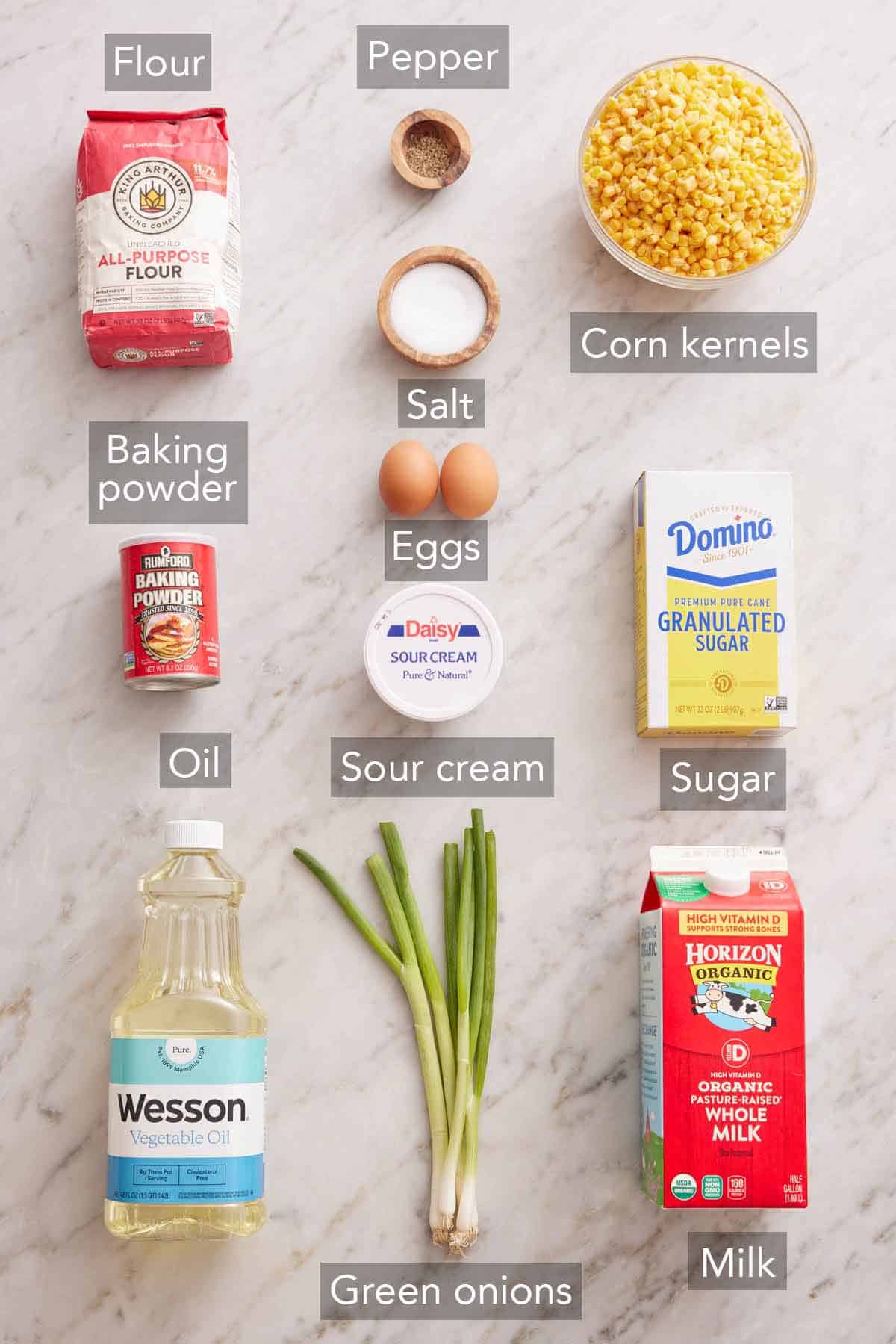 Ingredients needed to make corn fritters.