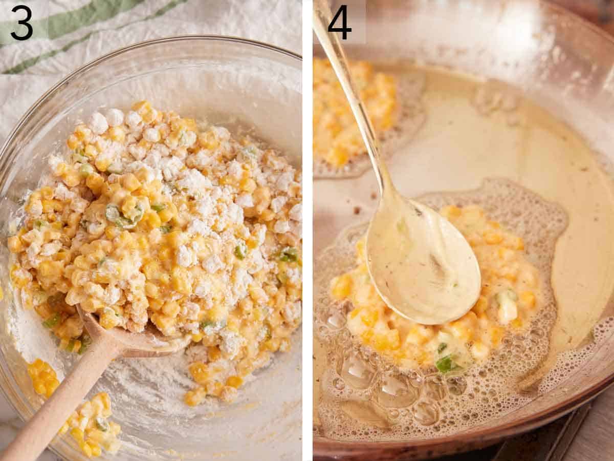 Set of two photos showing mixture combined in a bowl and spooned into hot oil in a pan.