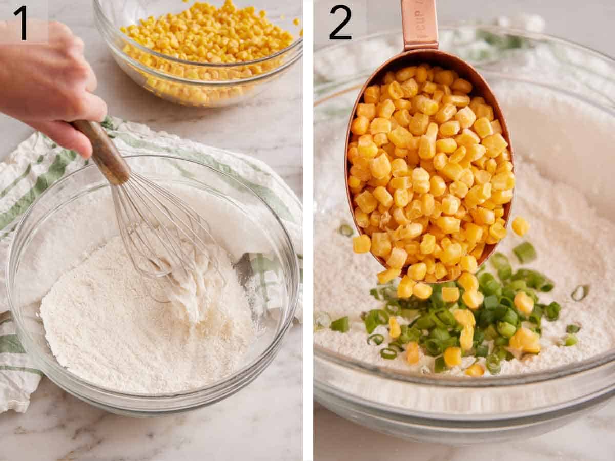 Set of two photos showing dry mixtures whisked together then kernels and green onions added.