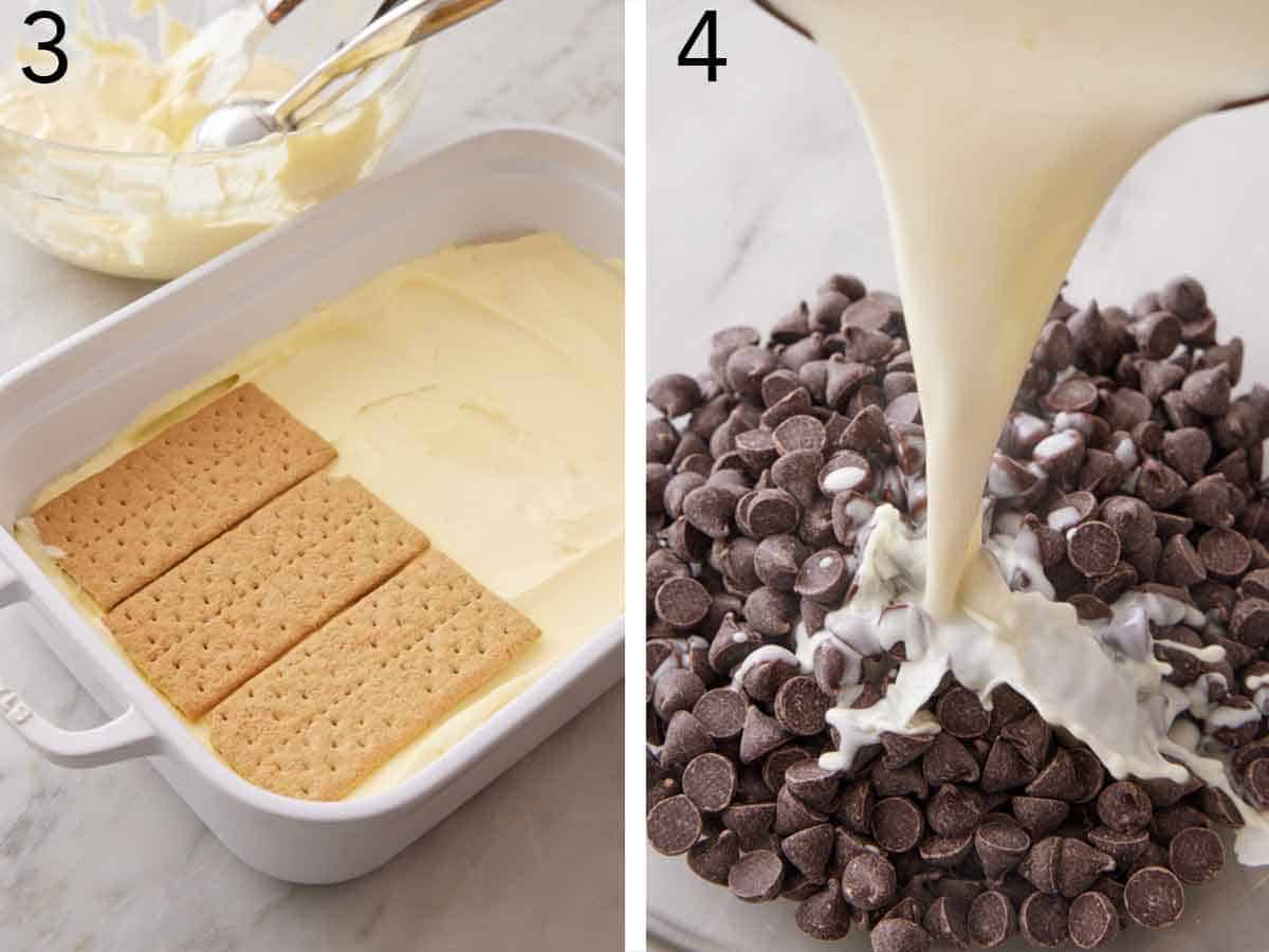 Set of two photos showing the graham crackers layered with the pudding mix and cream added to chocolate chips.