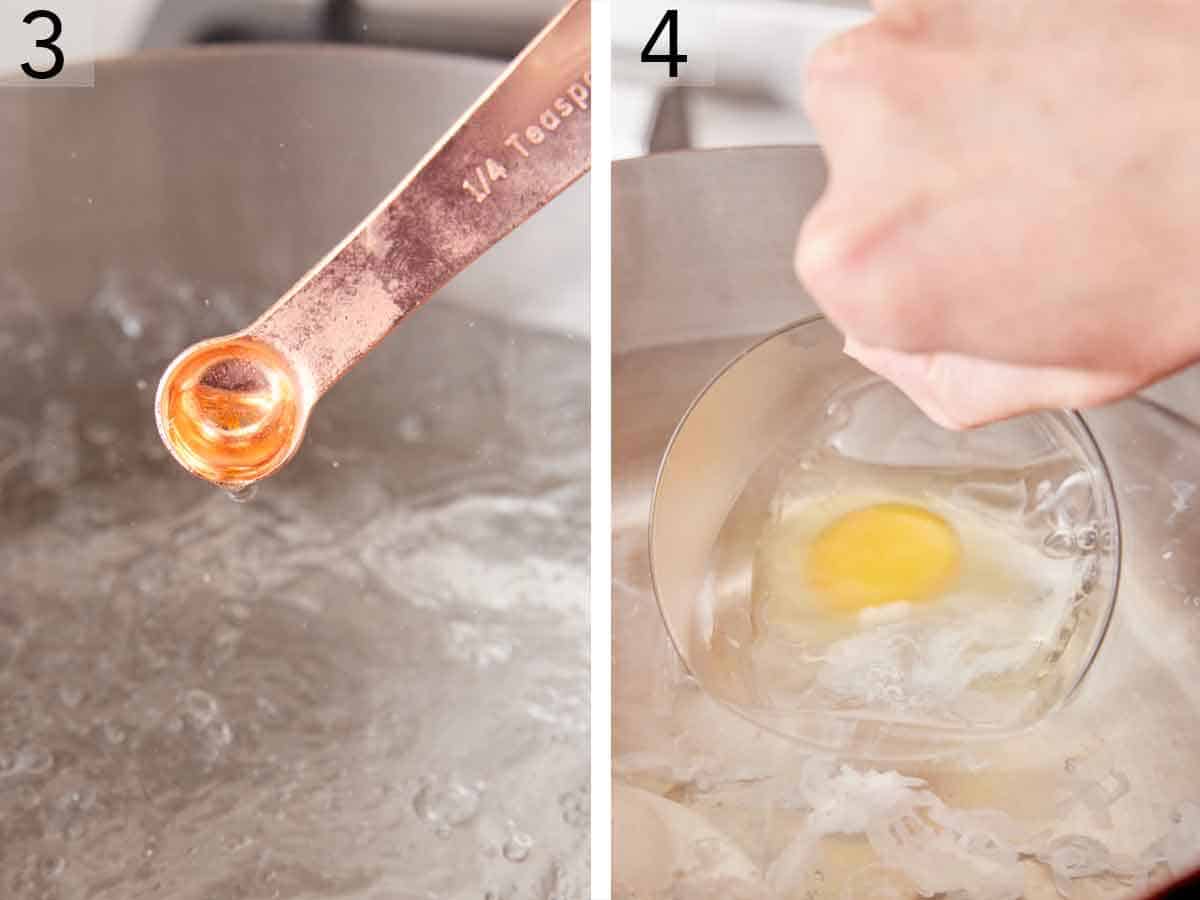 Set of two photos showing vinegar and egg added to a pot of hot water.