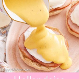 Pinterest graphic of a small pitcher of hollandaise sauce poured over eggs benedict.
