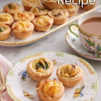 Pinterest graphic of a plate with three mini quiches with a cup of coffee and a platter with additional quiches in the background.