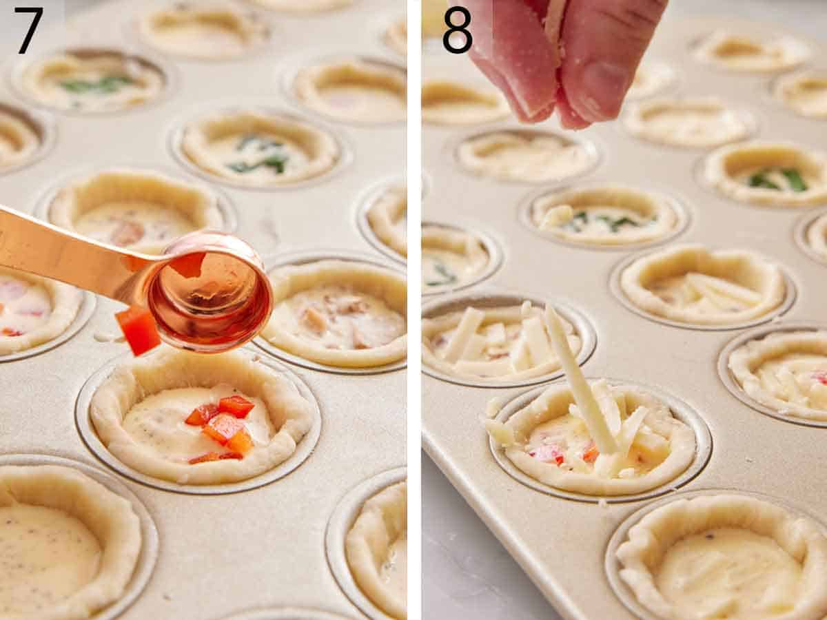 Set of two photos showing vegetables added to the filling and topped with shredded cheese.