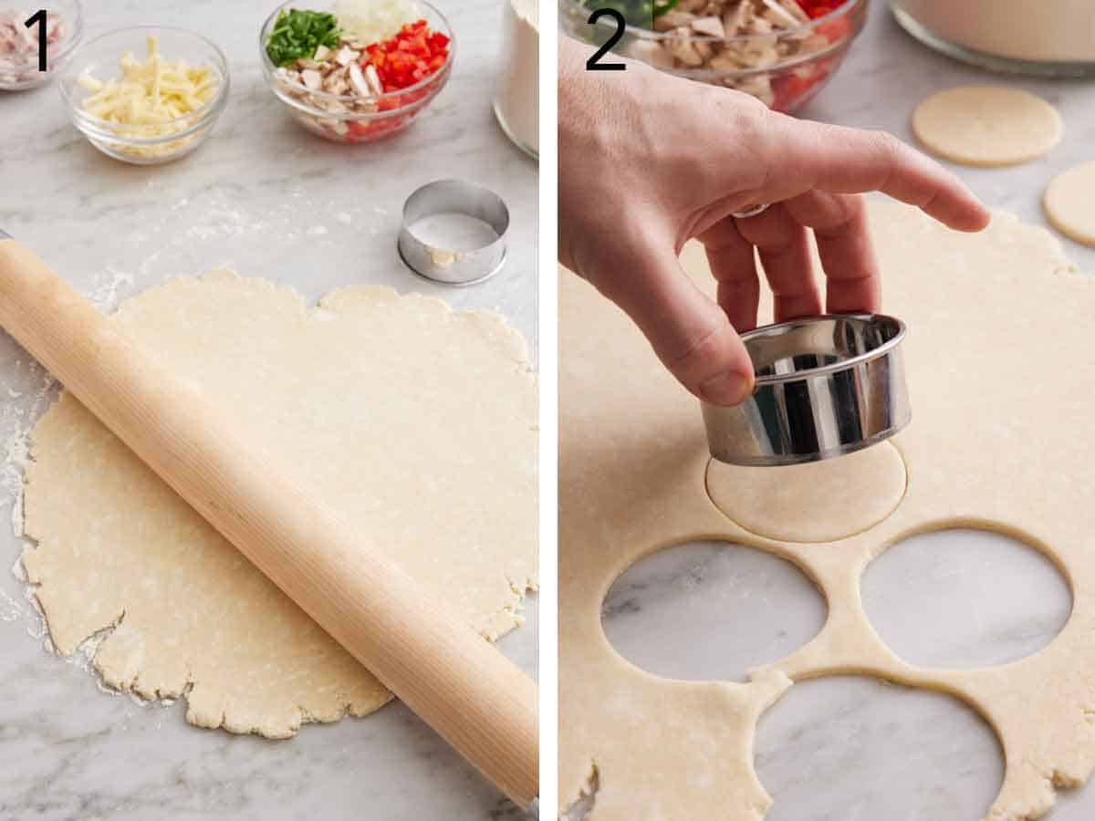 Set of two photos showing pie crust rolled out and cut into circles.