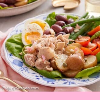 Pinterest graphic of a close up view of niçoise salad on a plate.
