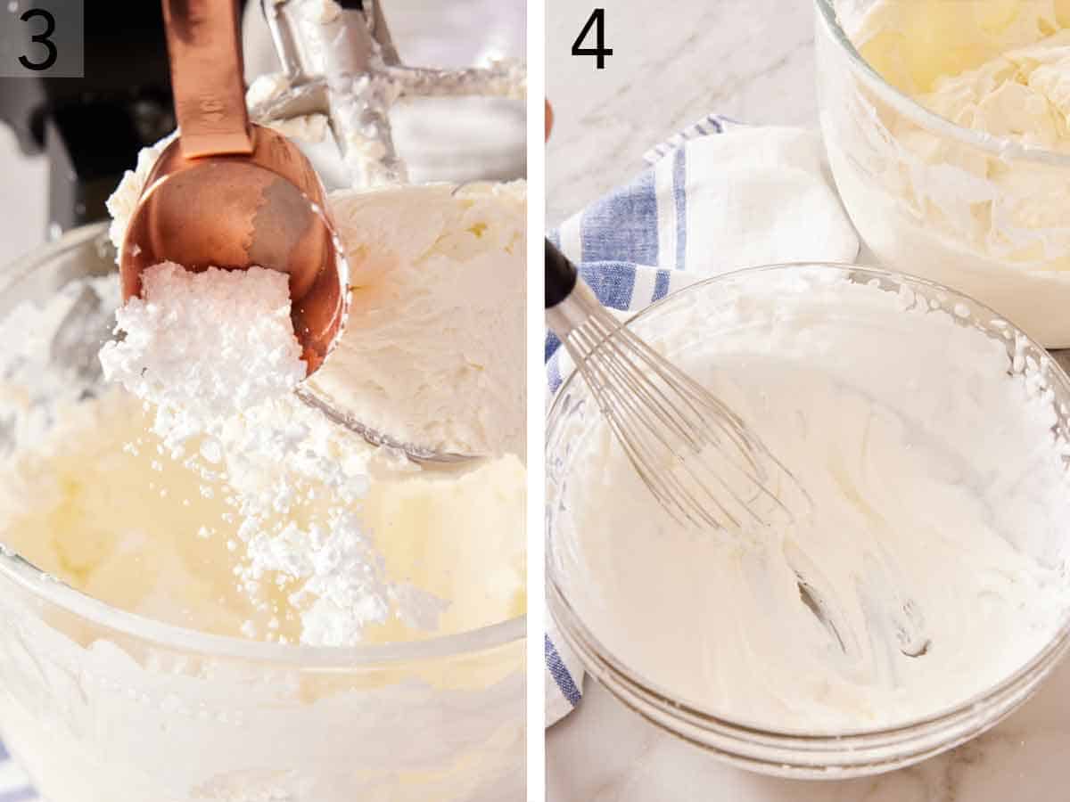 Set of two photos showing powdered sugar added to a mixer and cream whisked in a bowl.