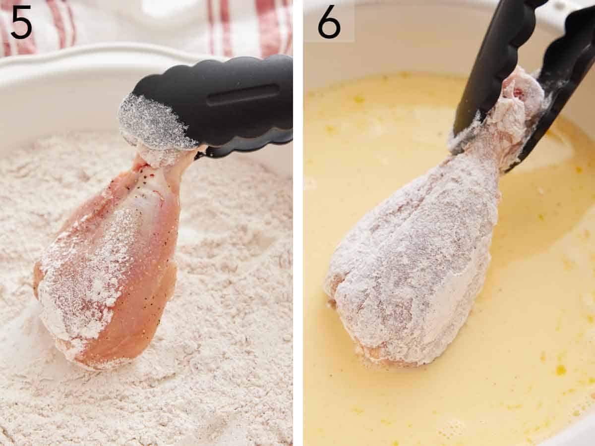 Set of two photos showing meat coated in a flour mixture then dipped in egg mixture.