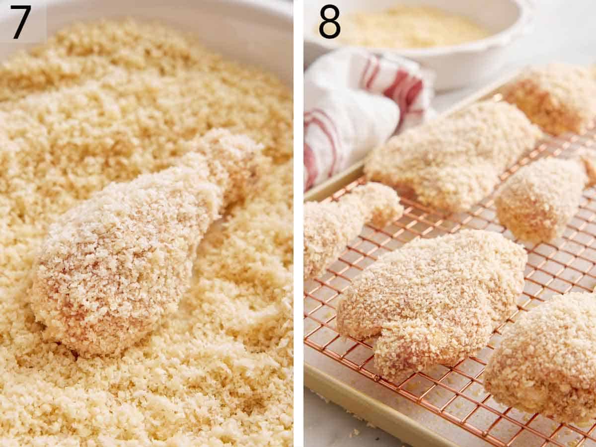 Set of two photos showing chicken coated in breadcrumbs and placed on a wire rack on a sheet pan.
