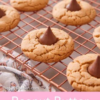 Pinterest graphic of multiple peanut butter blossoms on a cooling rack.