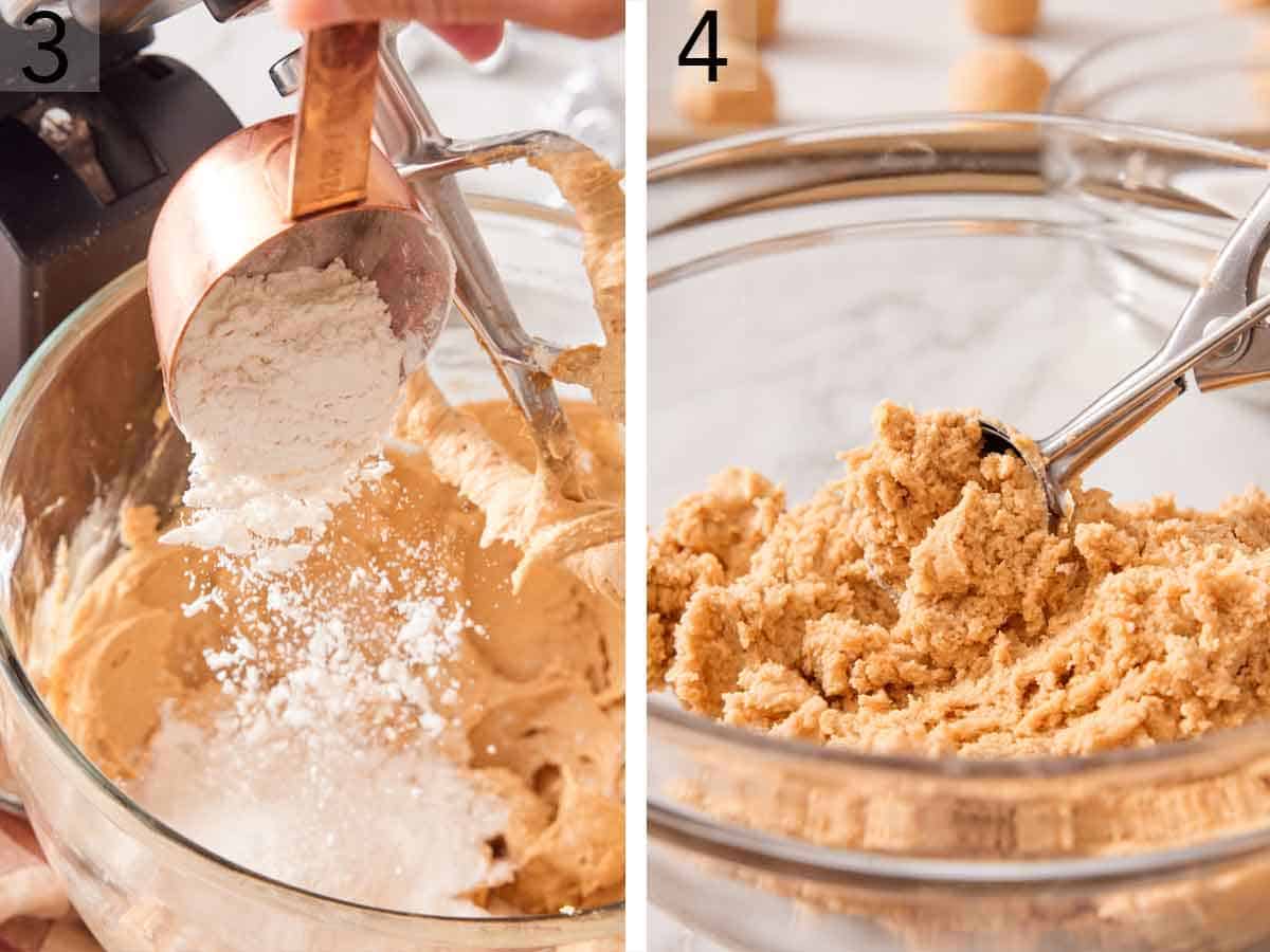 Set of two photos showing flour scooped into the mixing bowl and then dough scooped.