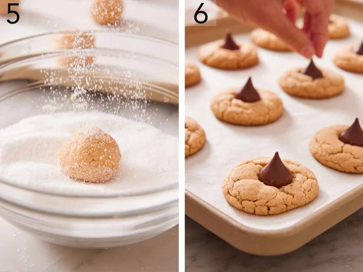 Set of two photos showing dough balls dusted and then a chocolate kiss pressed onto the cookies.