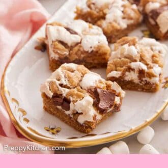 Pinterest graphic of an oval platter containing multiple pieces of s'more bars.